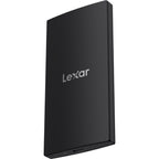 Lexar SL300 Portable SSD external drive with sleek design and metal casing, connected via USB-C port.