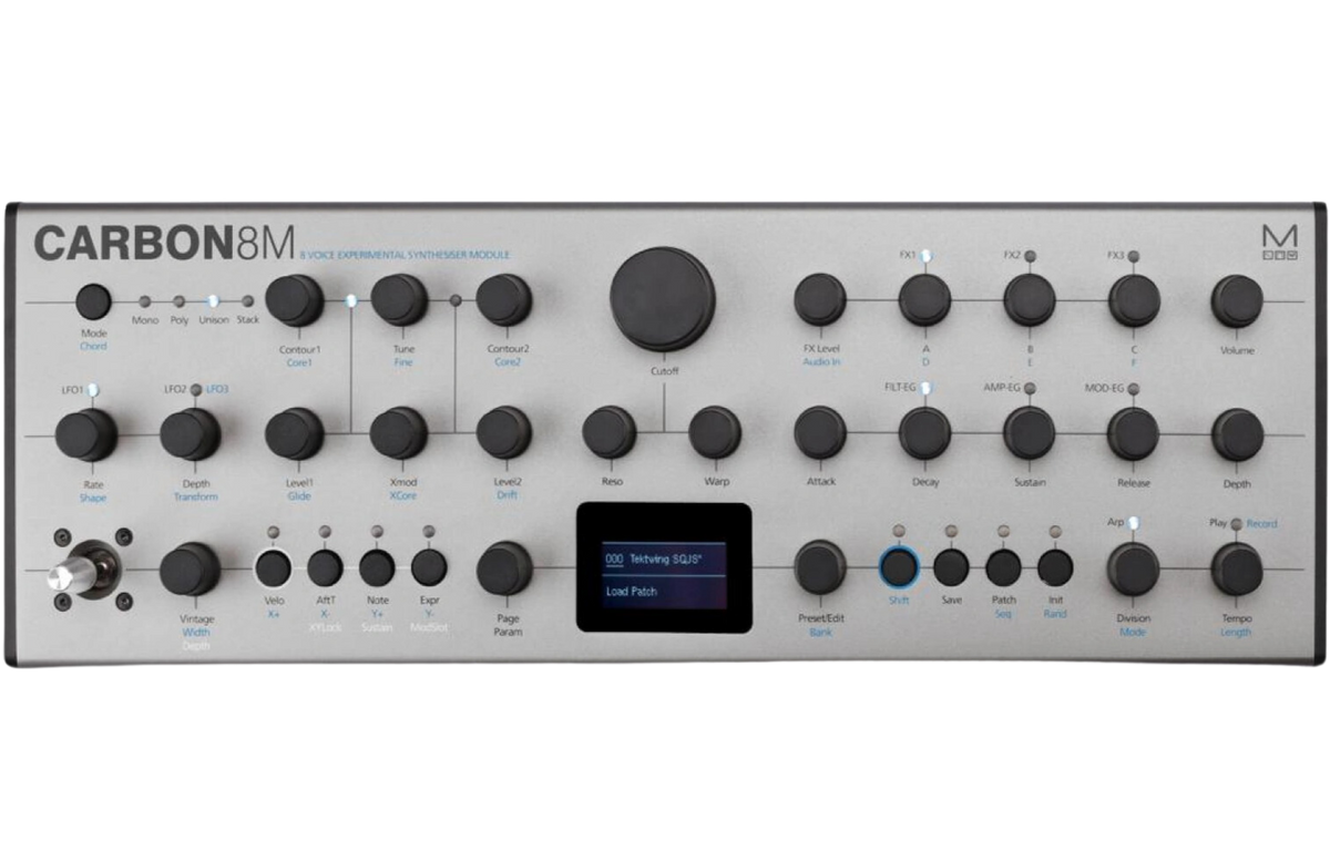 Modal Electronics Carbon8M desktop synthesizer with control knobs, buttons, and display screen, showcasing its compact design.
