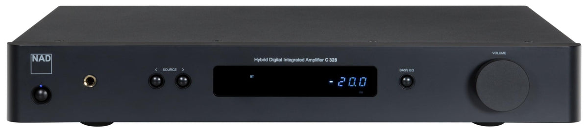 NAD C 338 stereo amplifier with sleek black design and control knobs, showcasing its modern audio equipment appearance.