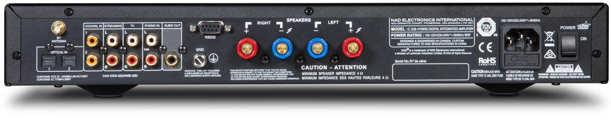 NAD C 338 stereo amplifier with sleek black design, front panel controls, and input ports on the front and back.