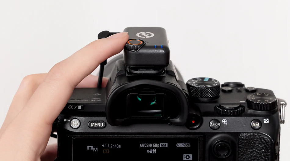 Hollyland Lark M2S wireless microphone system 2RX with camera and USB-C, featuring a Lightning cable for versatile audio recording.