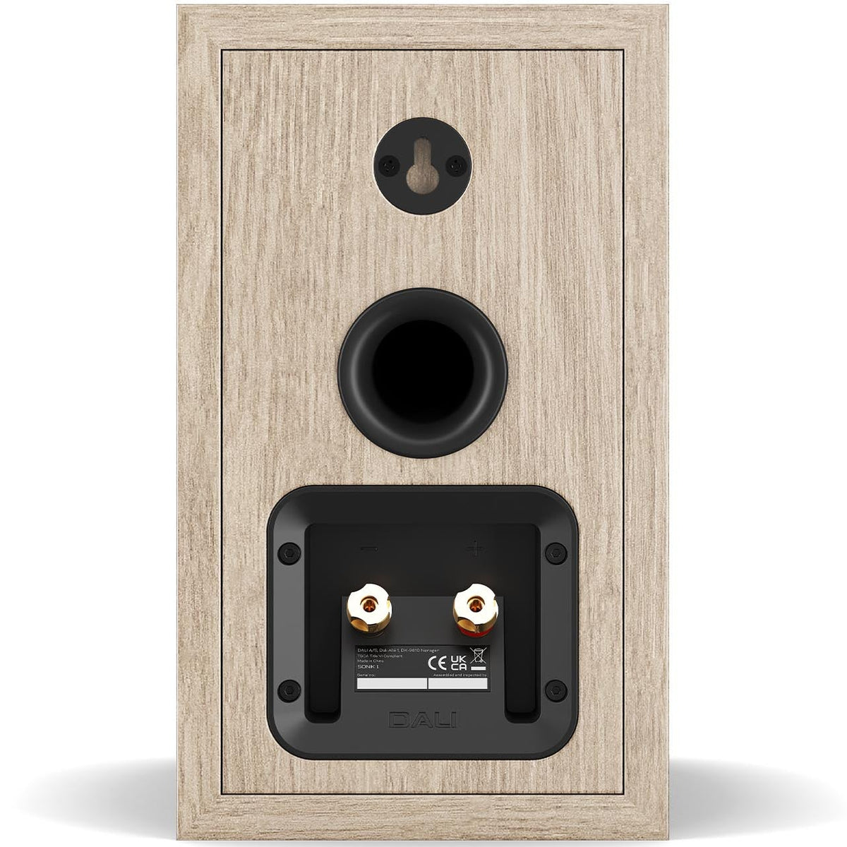 DALI Sonik 1 passive bookshelf speakers with black cabinets and front grille, designed for high-quality home audio listening.