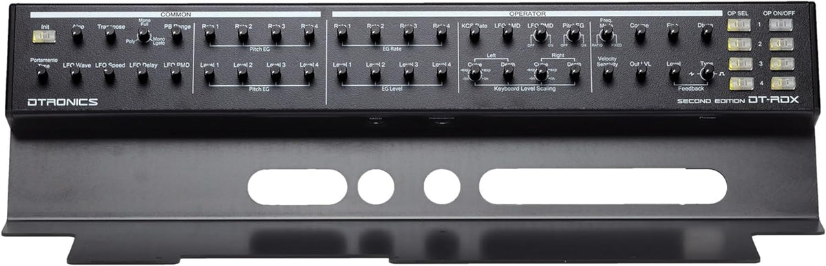 Dtronics DT-RDX-V2 synthesizer with multiple knobs, buttons, and a digital display for music production and sound design.