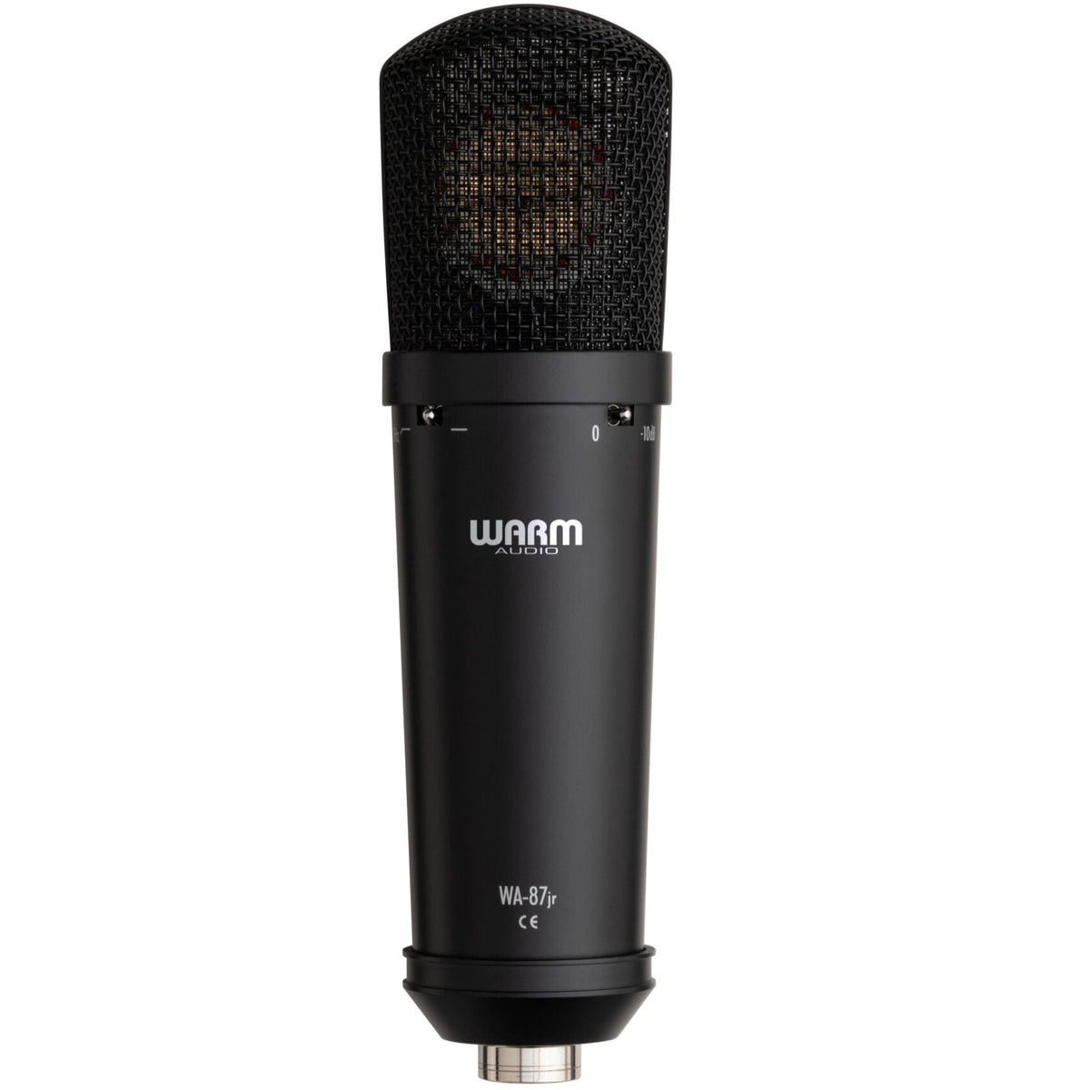 Warm Audio WA-87jr condenser microphone in black with a compact design, featuring a sturdy build and professional audio capture.
