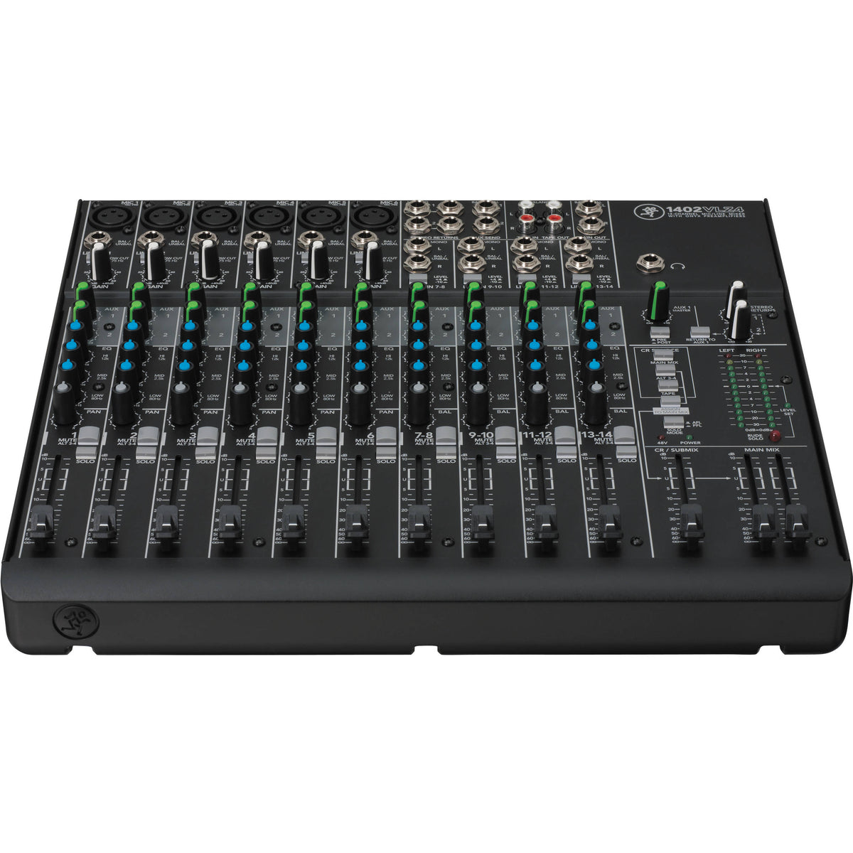 Mackie 1402VLZ4 analog mixer with multiple input channels, knobs, and sliders for audio mixing.