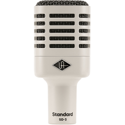 Universal Audio SD-3 dynamic microphone shown with its sleek black design and sturdy grille, ideal for professional audio recording.