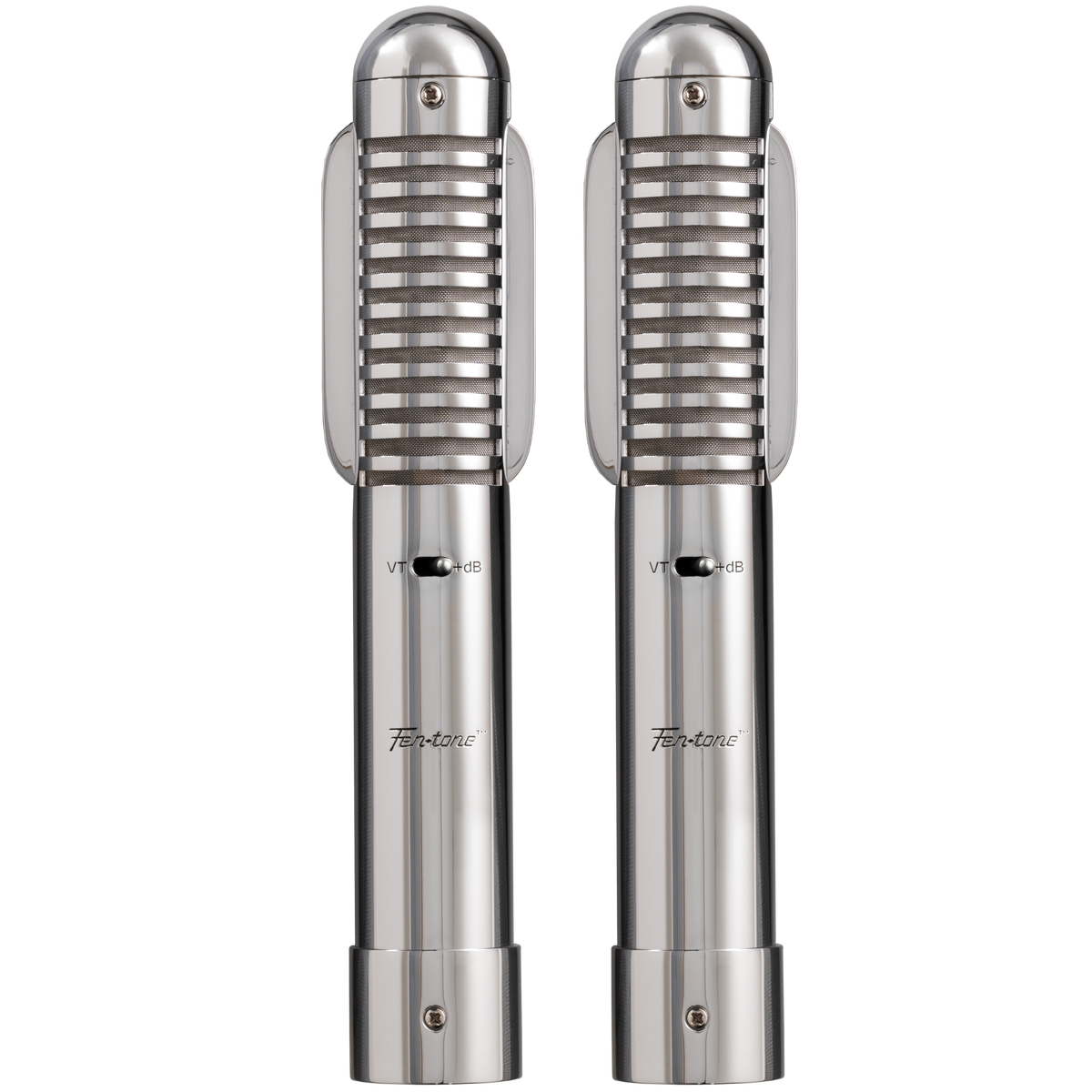 Warm Audio Fen-tone stereo ribbon microphones shown in a front view, highlighting the dual microphone design for high-quality audio recording.