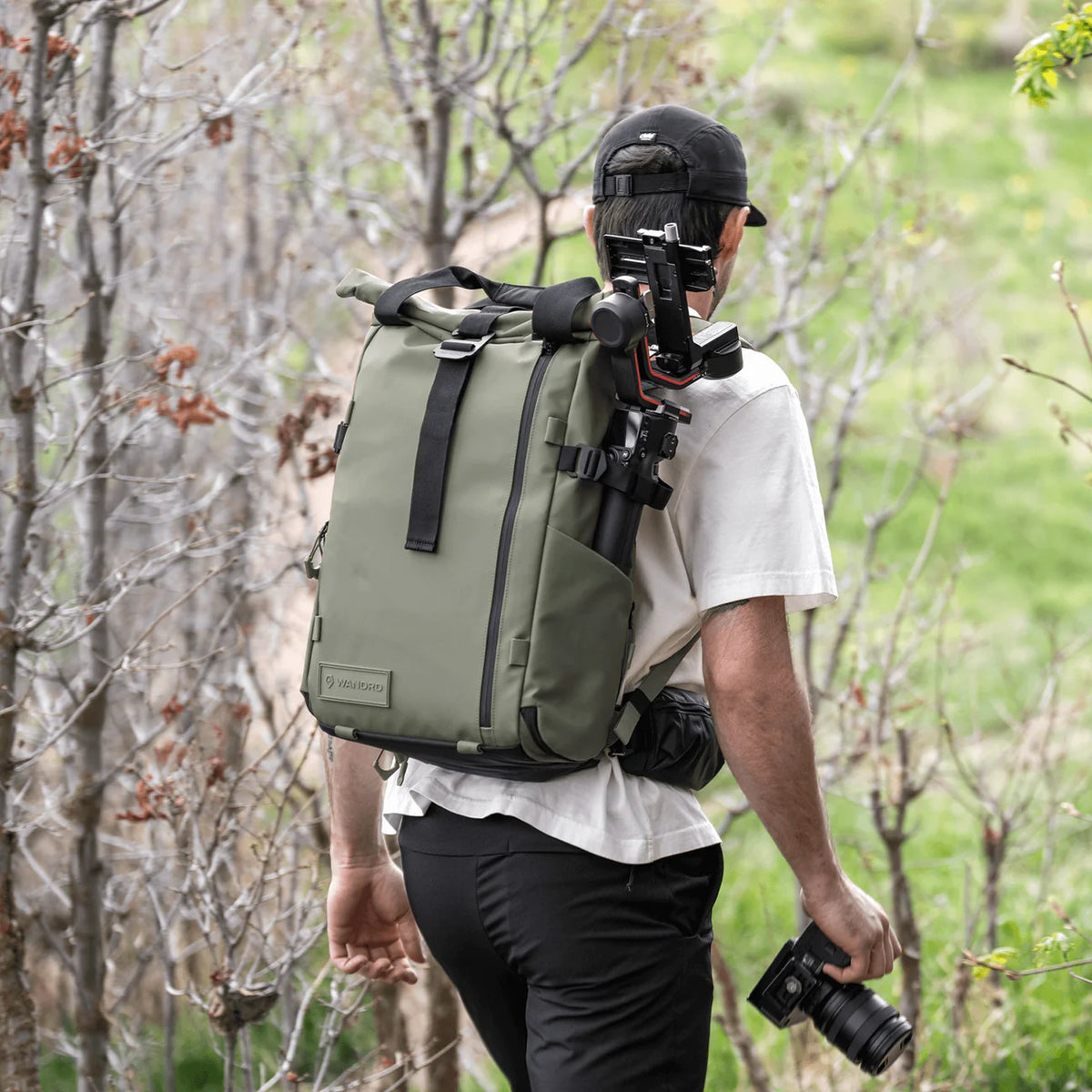 Wandrd Prvke bag in Wasatch Green, designed for video equipment, with multiple compartments and sturdy construction.