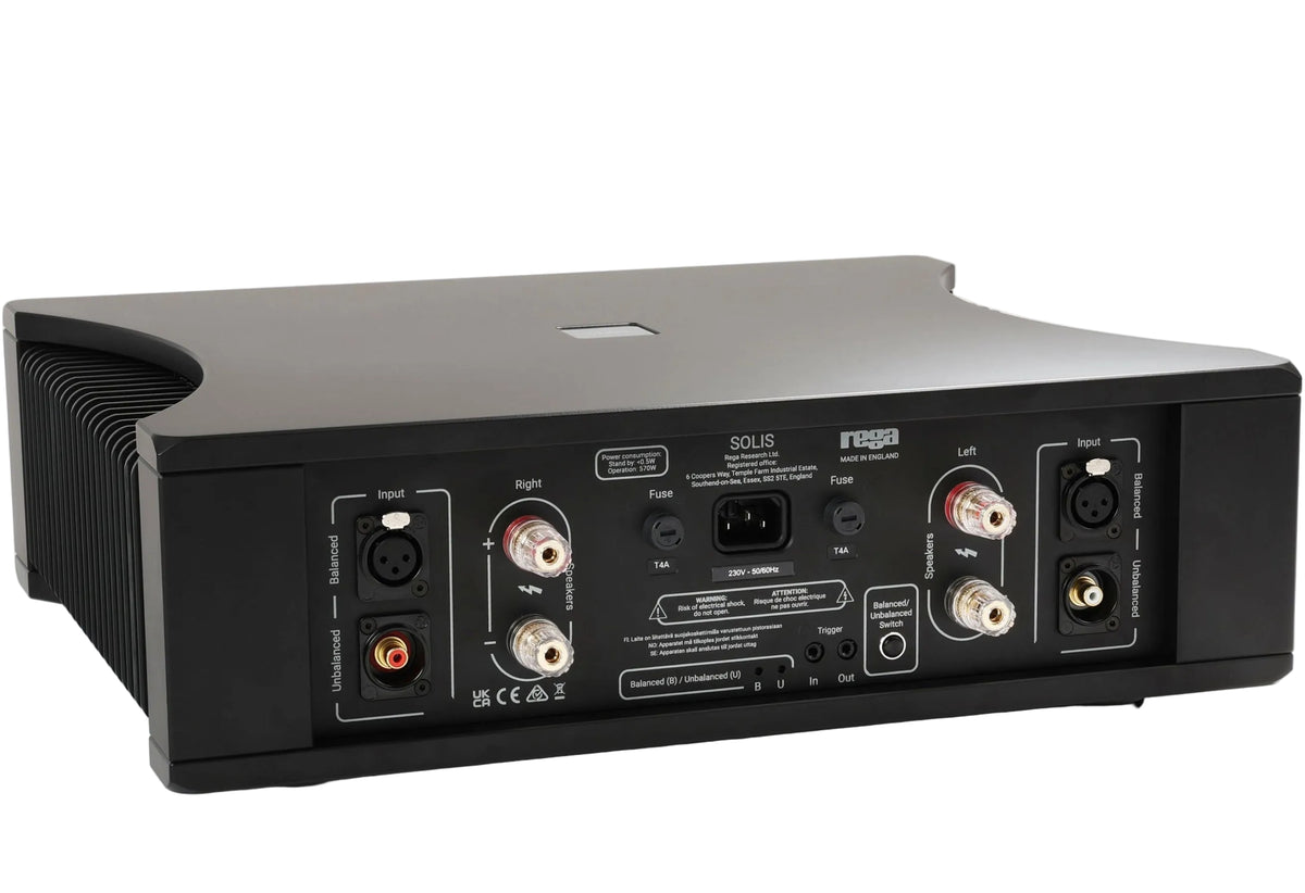 Rega Solis stereo amplifier showing rear panel with input and output connections, sleek modern design, black finish.