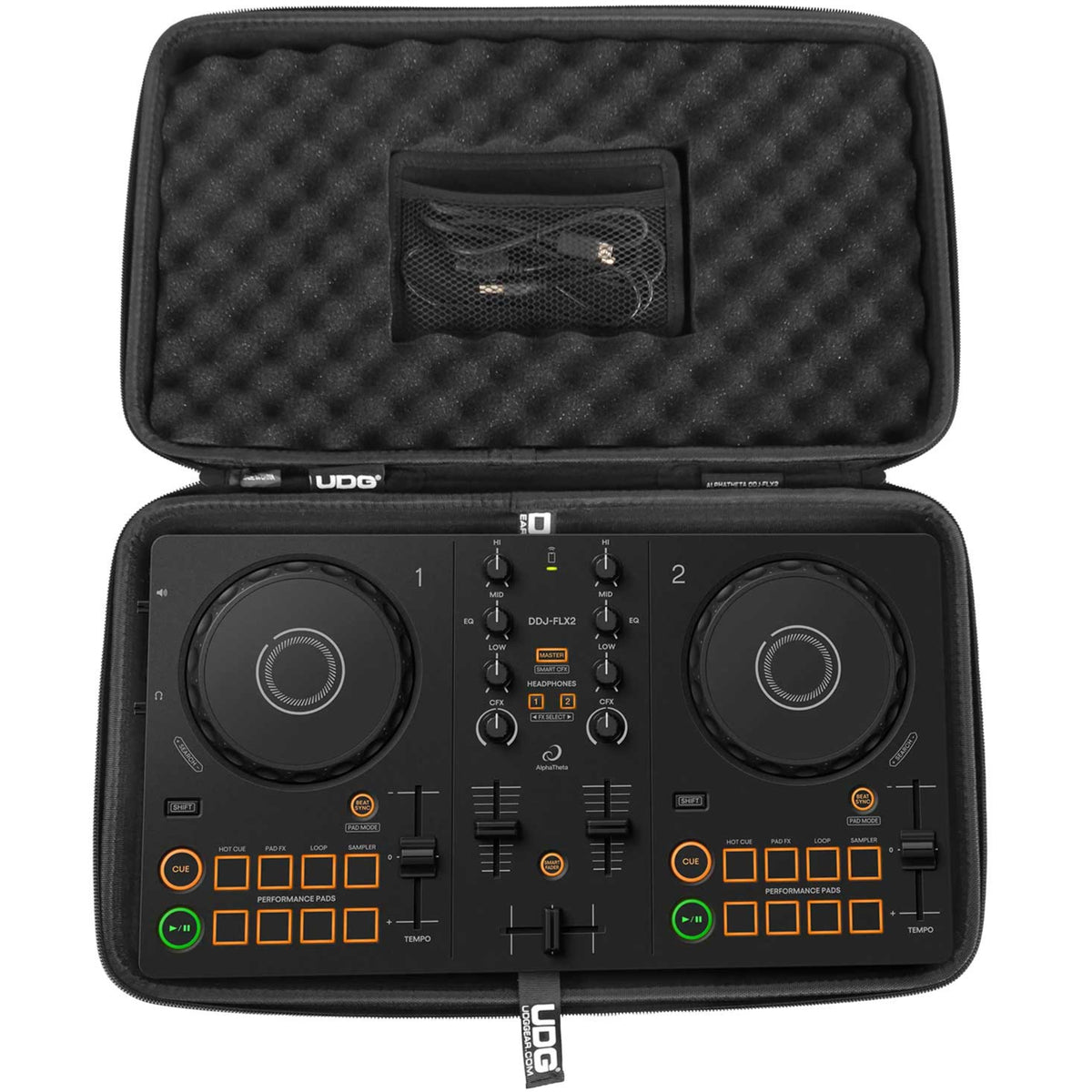UDG Creator AlphaTheta DDJ-FLX2 hardcase in black with padded interior and sturdy exterior for DJ equipment protection.
