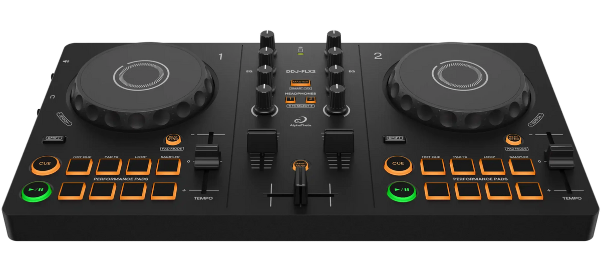 AlphaTheta DDJ-FLX2 2-channel DJ controller, front view, angled view