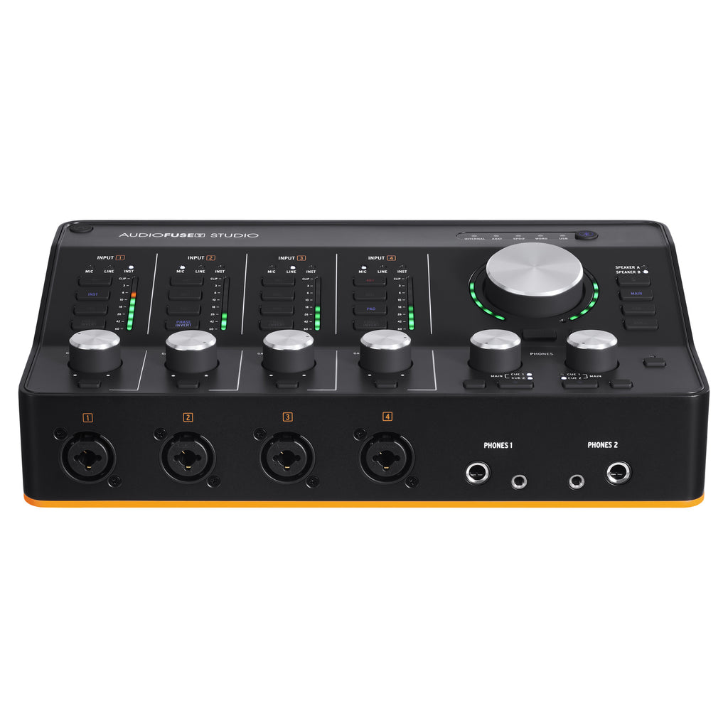 Arturia AudioFuse Studio Rev2 audio interface, front panel with combo inputs and two headphone outputs