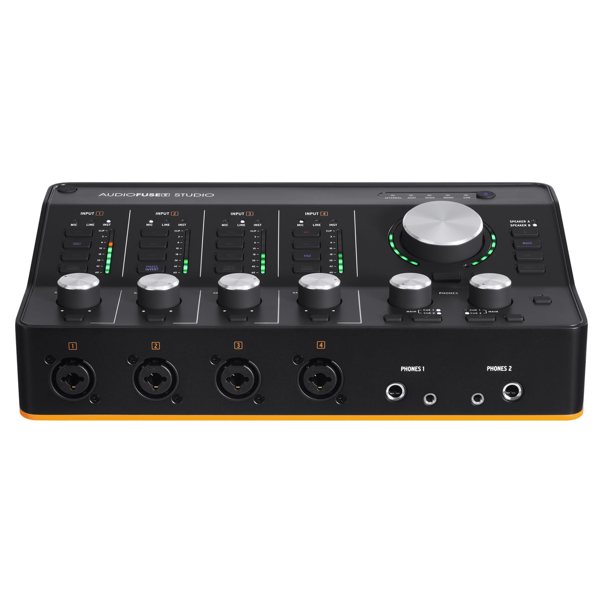Arturia AudioFuse Studio Rev2 audio interface, front panel with combo inputs and two headphone outputs
