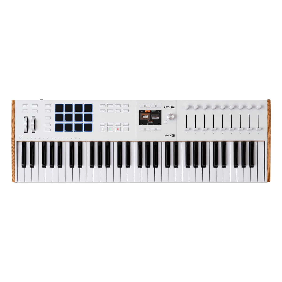 Arturia KeyLab 61 MK3 MIDI keyboard in white finish, angled view with control knobs and transport buttons