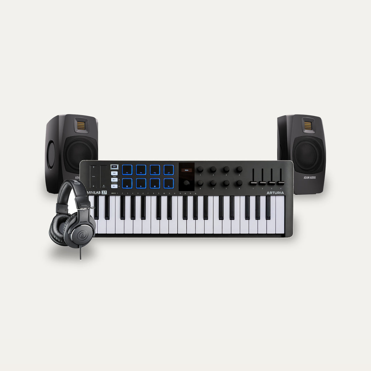 Arturia MiniLab 37 + ADAM Audio D3V + Audio-Technica ATH-M20x First Beats Desktop Set – Keyboard Colour Black