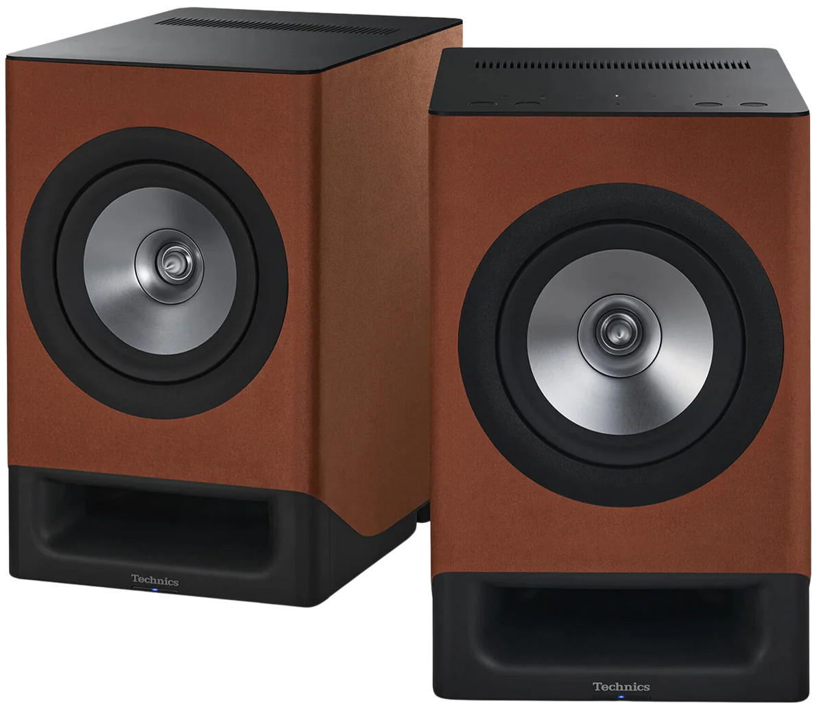 Technics SC-CX700 active bookshelf speakers with sleek black design and modern audio drivers for high-quality sound.