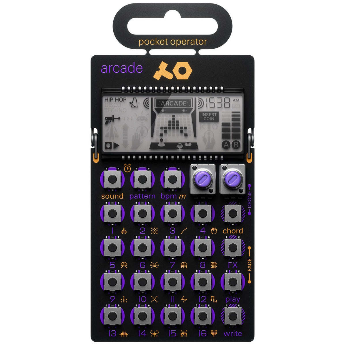Teenage Engineering PO-20 Arcade gadget with colorful buttons and compact design, showcasing its retro-inspired music production interface.