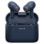 Cambridge Audio Melomania A100 SE earbuds seated in charging case, front view, Blue