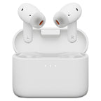 Cambridge Audio Melomania A100 SE earbuds seated in charging case, front view, White