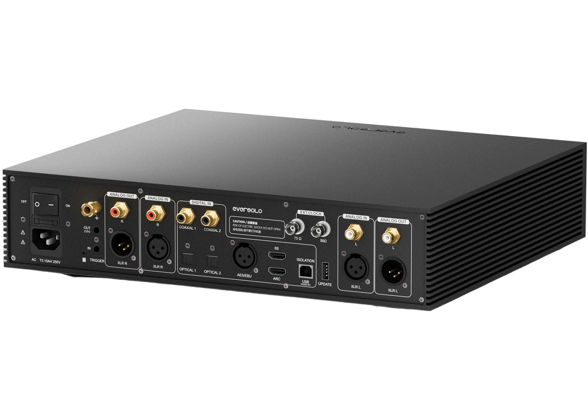Eversolo DAC-Z10 headphone amplifier and DAC showing front panel with knobs and display, compact black design.