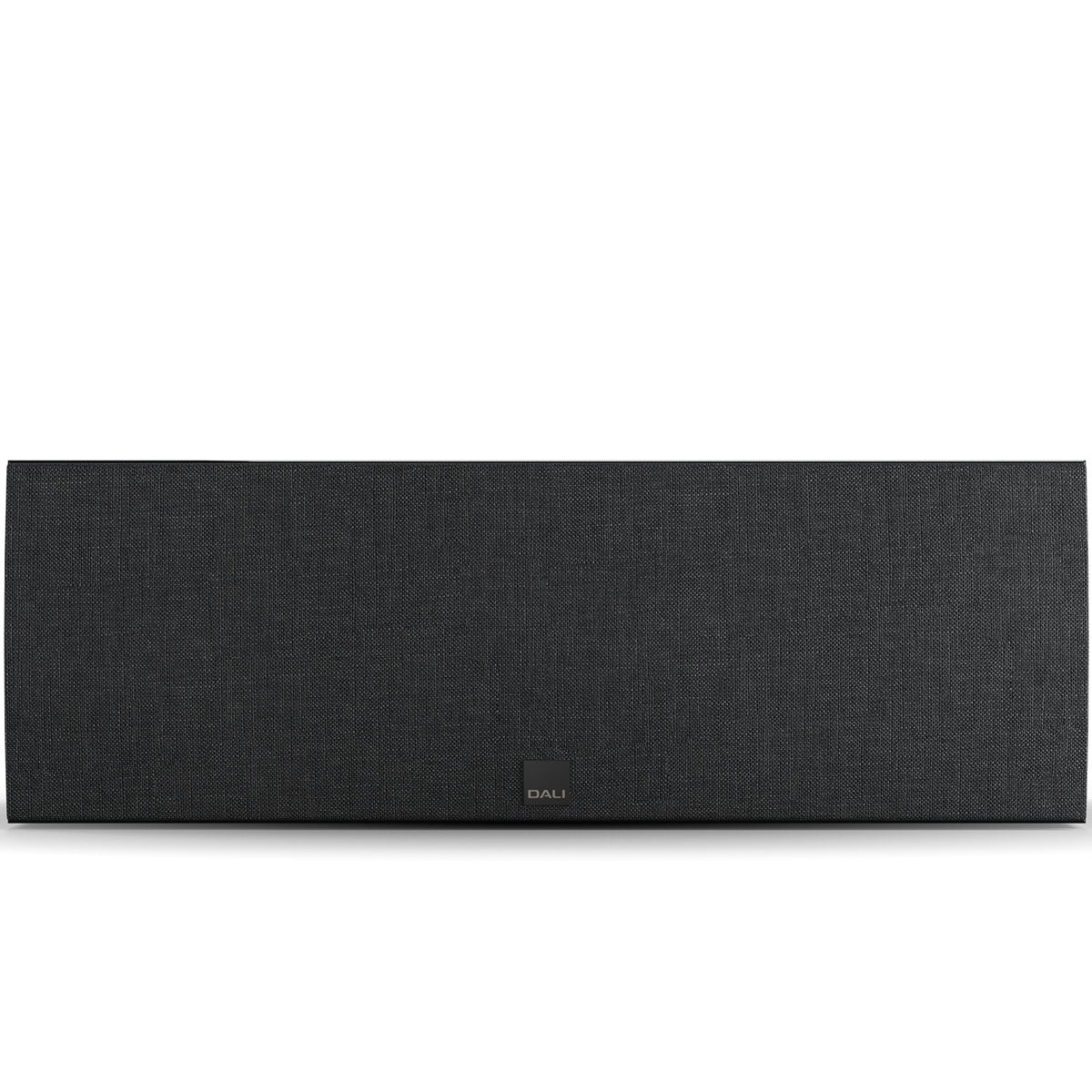 DALI Rubikore Cinema center speaker with high-gloss black finish, showcasing sleek design and front grille for home theater audio.