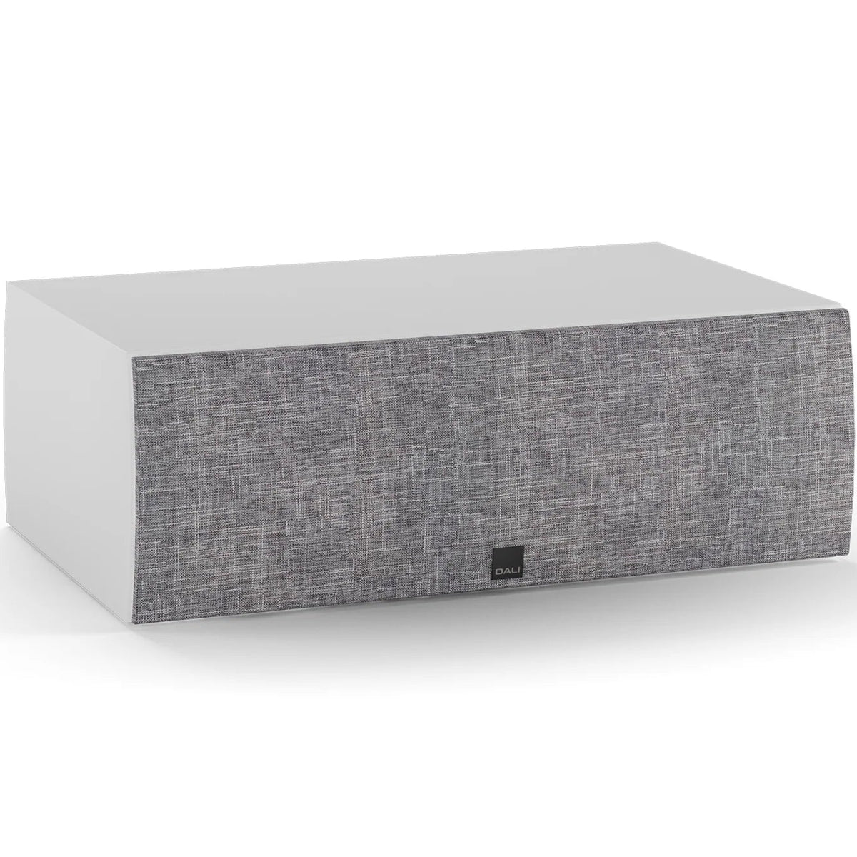 DALI Rubikore Cinema center speaker with high-gloss white finish, showcasing sleek design and front grille for high-quality audio.