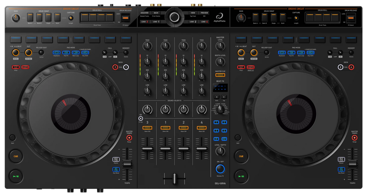 AlphaTheta DDJ-GRV6 DJ controller with jog wheels, mixer controls, and performance pads, shown from a top view.