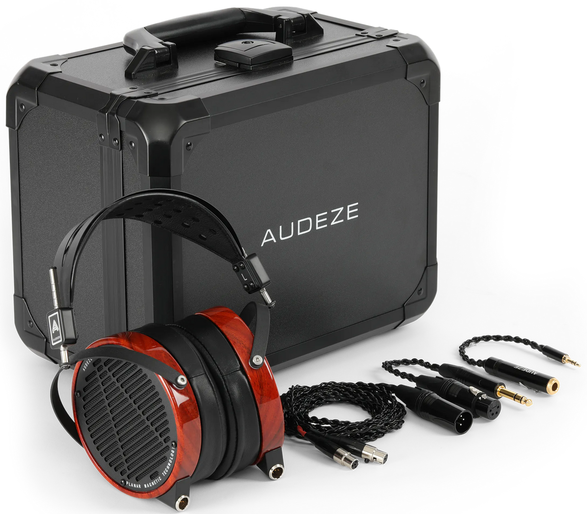 Audeze LCD-2 leather wired headphones with large ear cups and headband, showing their sleek black design and premium materials.
