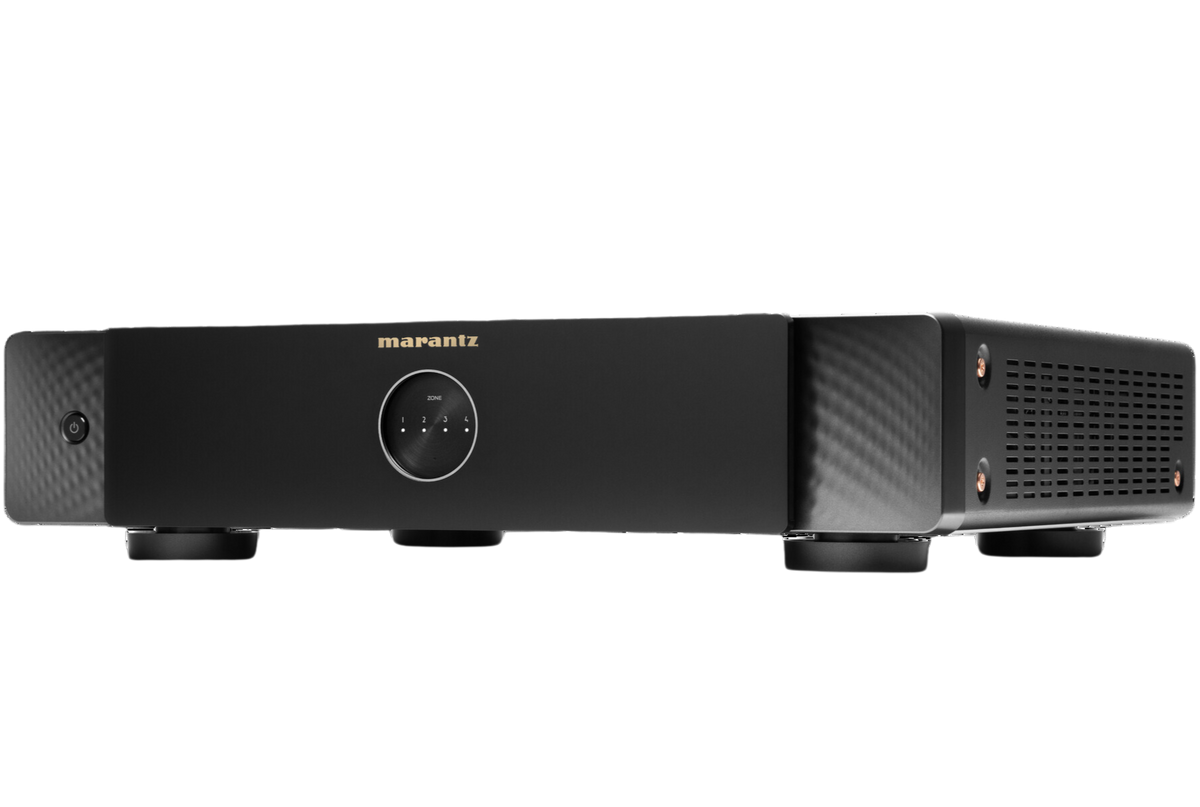 Marantz MODEL M4 stereo amplifier with sleek black design, featuring control knobs and input ports on front panel.