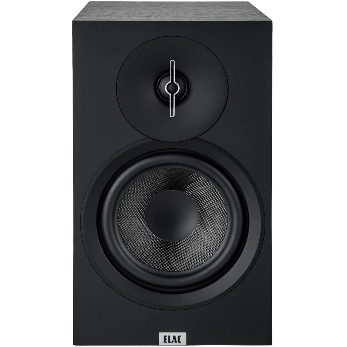 ELAC Debut B6.3 passive bookshelf speakers with black wood finish, showcasing their sleek design and compact size.