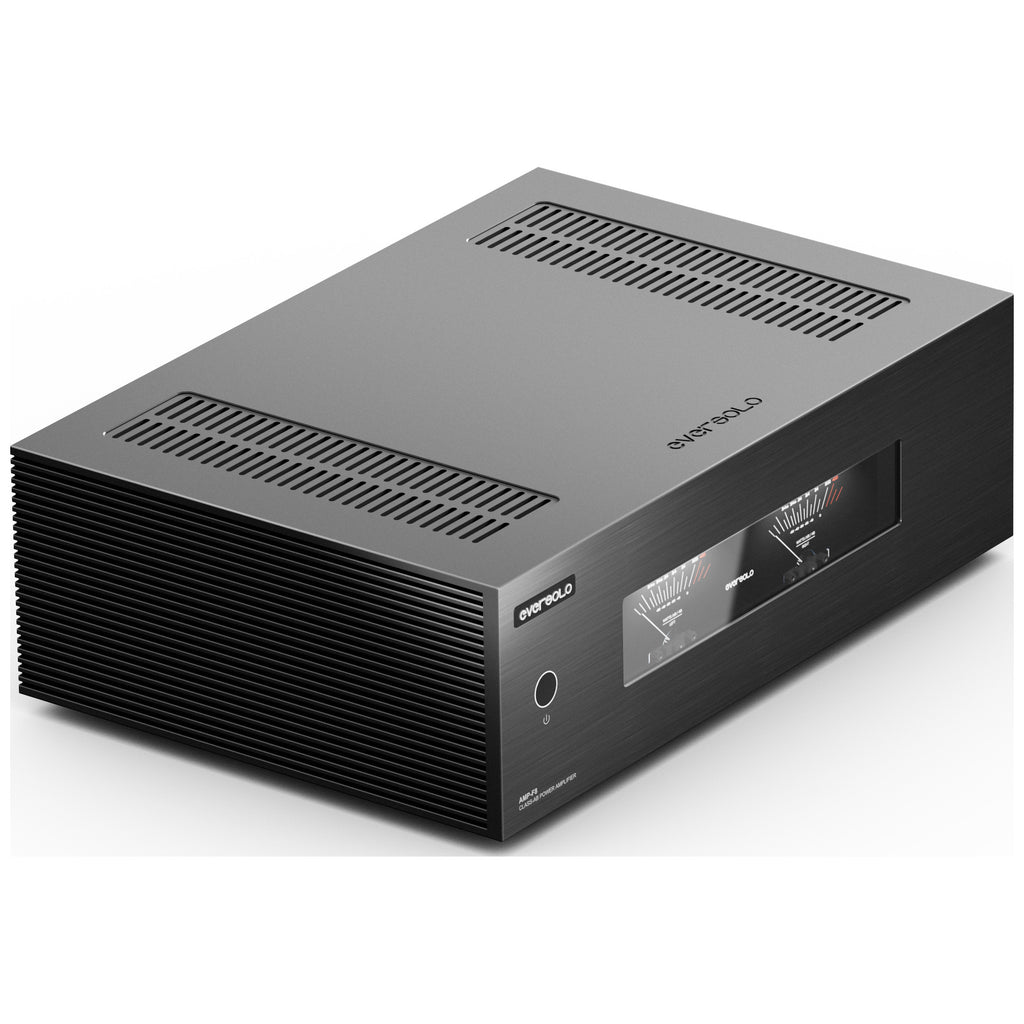 Eversolo AMP-F8 power amplifier, front angled view with dual VU meters