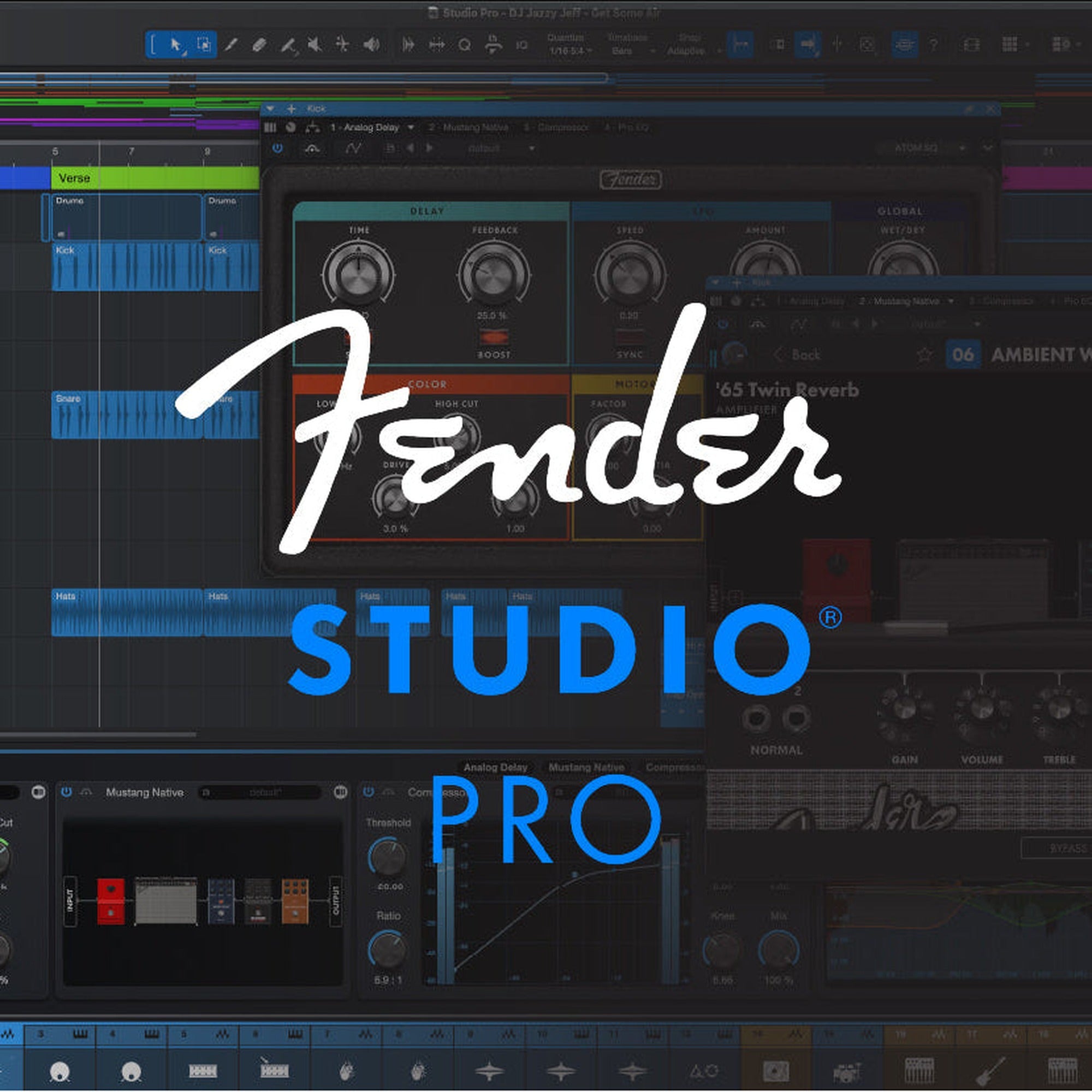 Fender Studio Pro (Student) DAW software interface with editing tools and audio tracks on a computer screen.