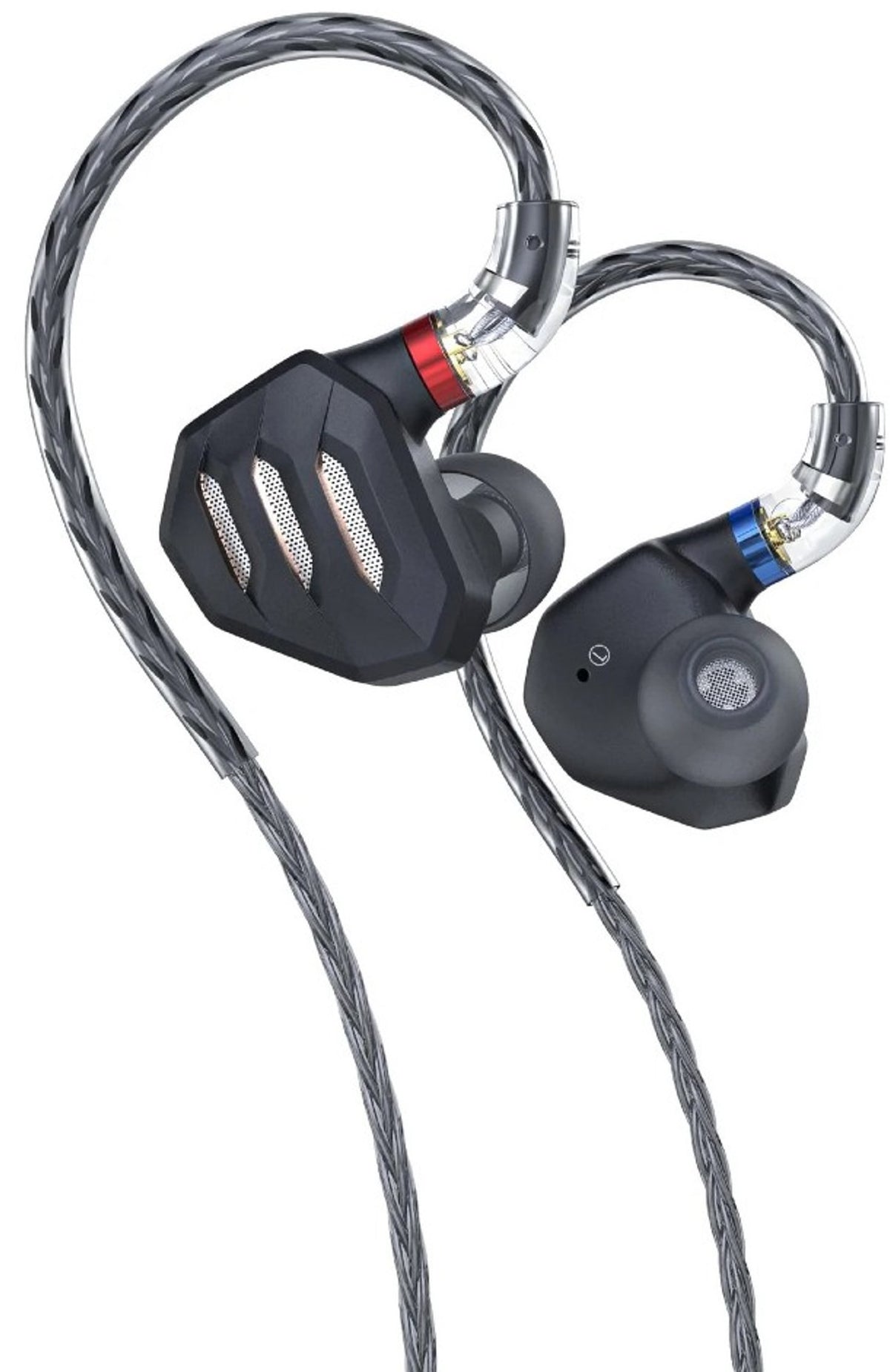 FiiO FH7S in-ear headphones with black ear tips and sleek design, showcasing detailed earbud and cable features.