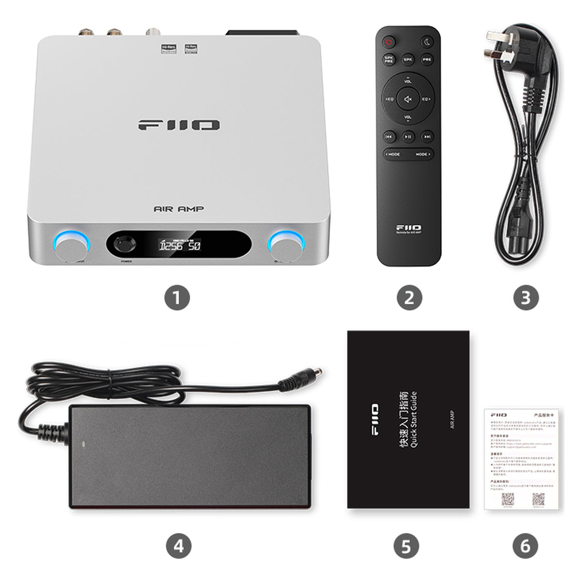 FiiO AIR AMP box contents with remote, power adapter and cable