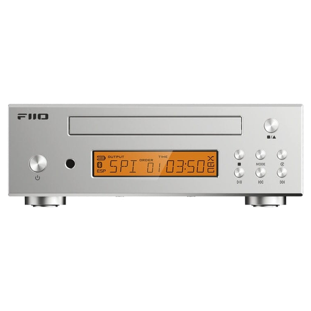 FiiO DP11 silver front panel with amber LCD display and CD tray