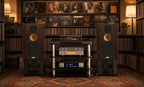 FiiO EA13 tube amplifier on a hi-fi rack in a record-lined listening room