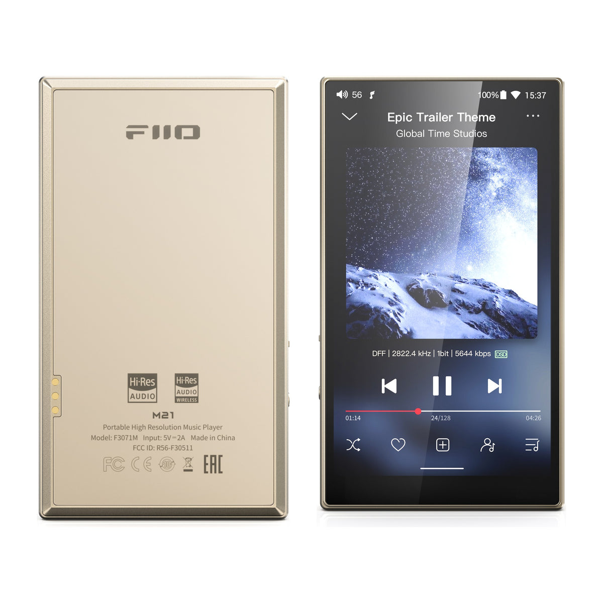 FiiO M21 portable music player, in gold, front and back view
