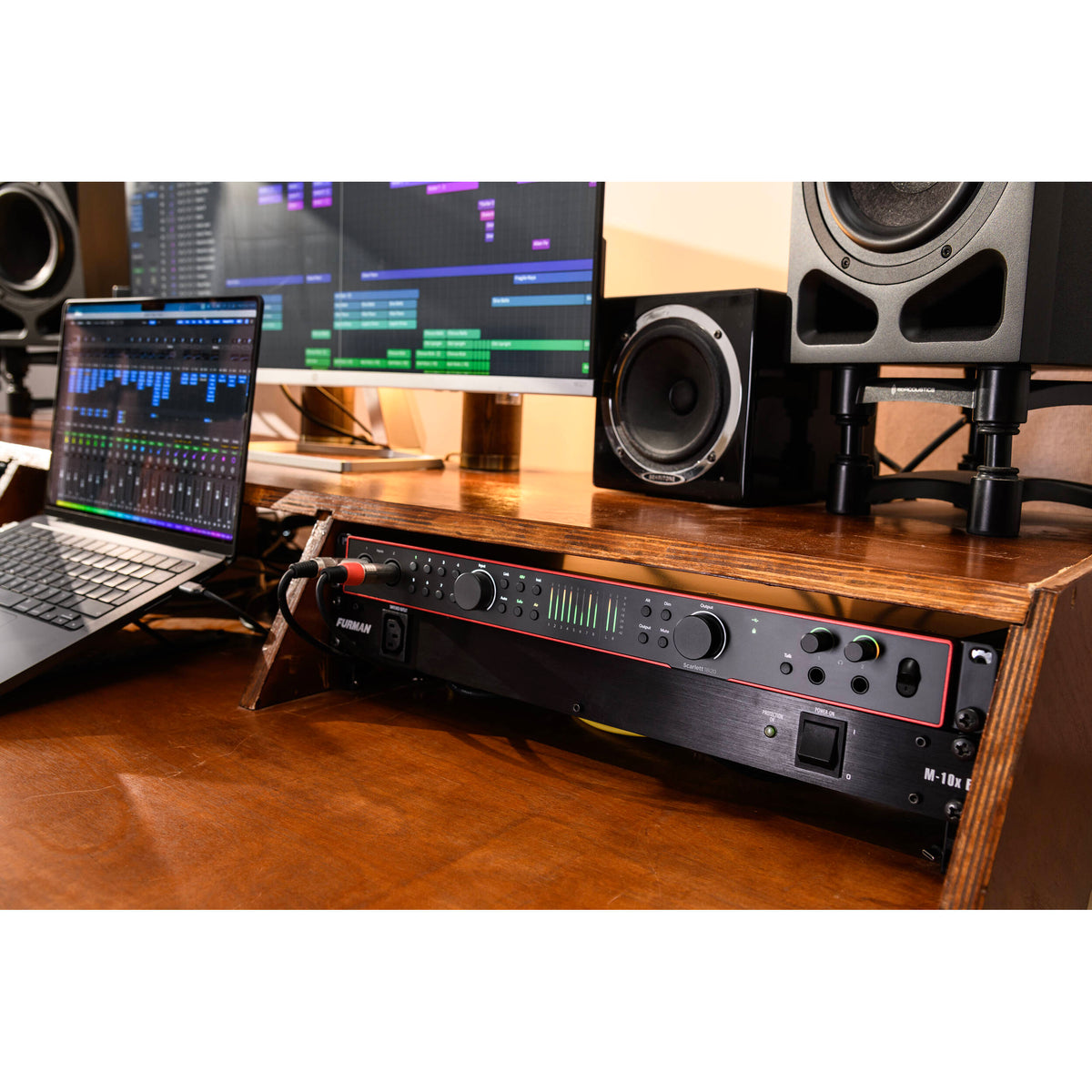 Focusrite Scarlett 18i20 4th Gen audio interface, lifestyle rack-mounted in studio