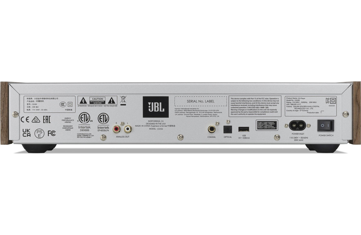 JBL CD350 Classic CD player with sleek design and control buttons, black finish, and disc tray visible in the image.