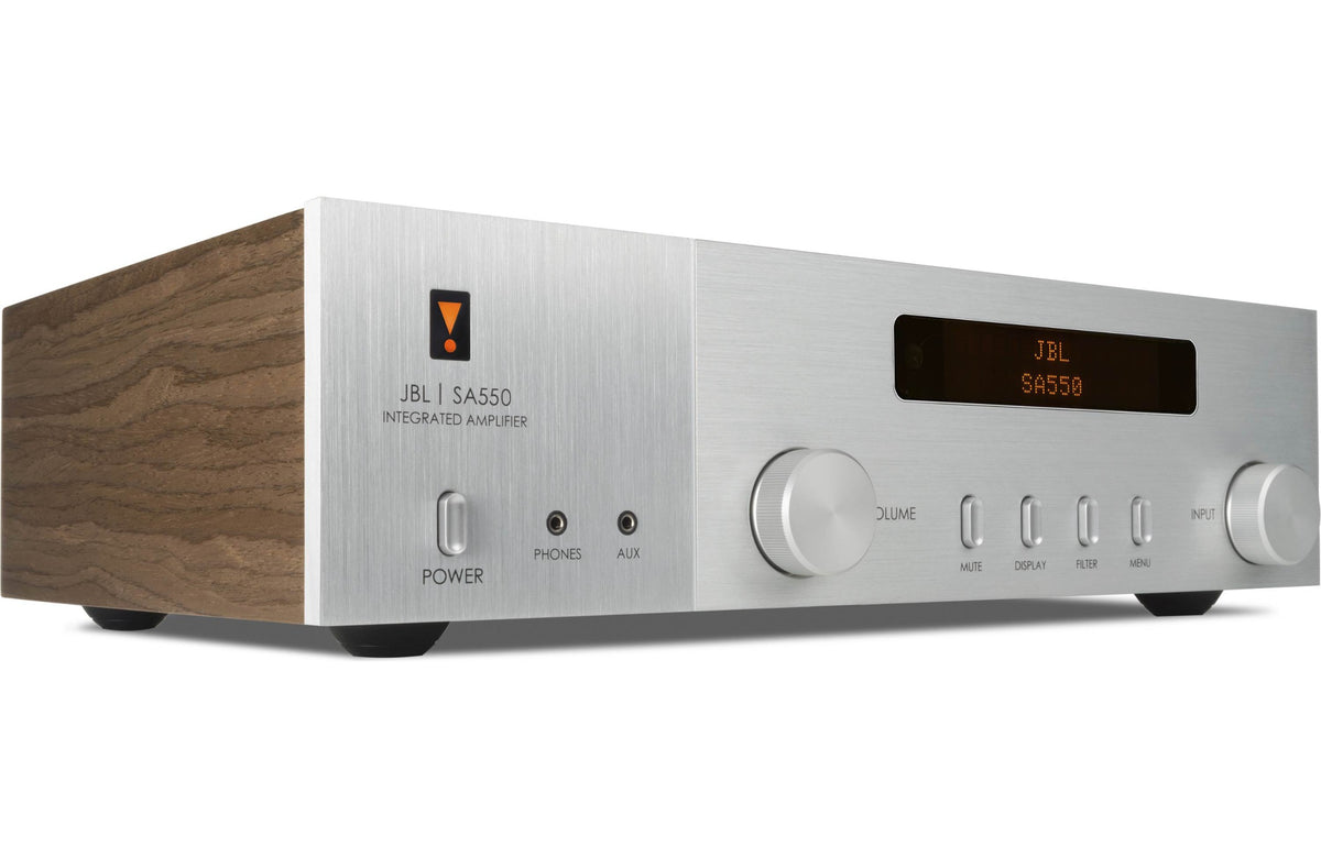 JBL SA550 Classic stereo amplifier with sleek black finish and control knobs, showcasing vintage-inspired audio equipment.