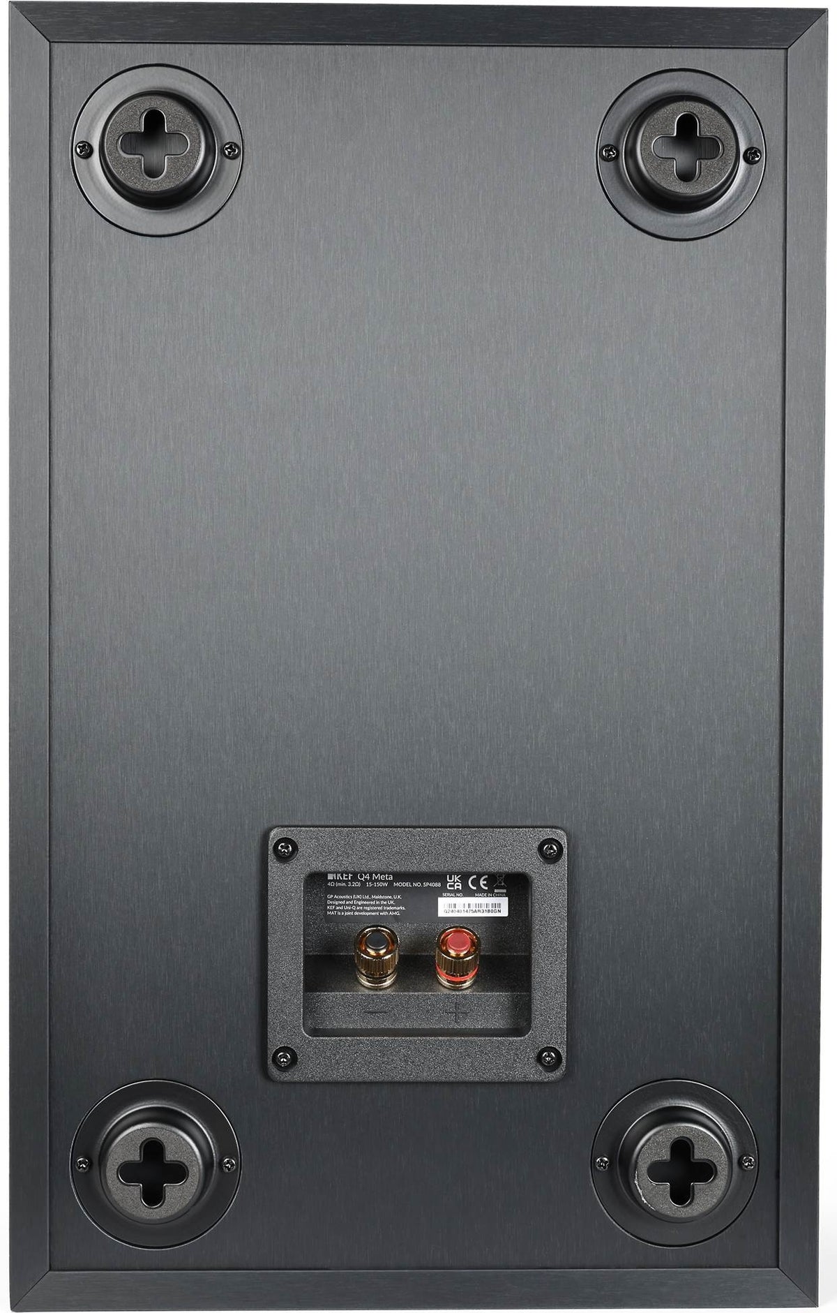 KEF Q4 Meta in-wall and outdoor speaker mounted on a wall, showcasing sleek black design and high-performance audio features.