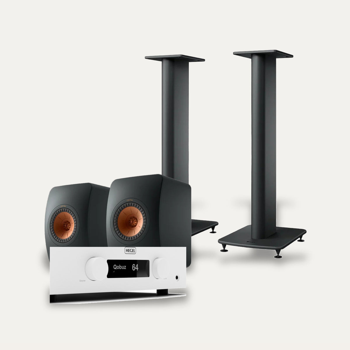 Hegel H200 + KEF LS50 Meta + KEF S2 Stands Hi-Fi System – Amplifier Colour White, Speaker Finish Black