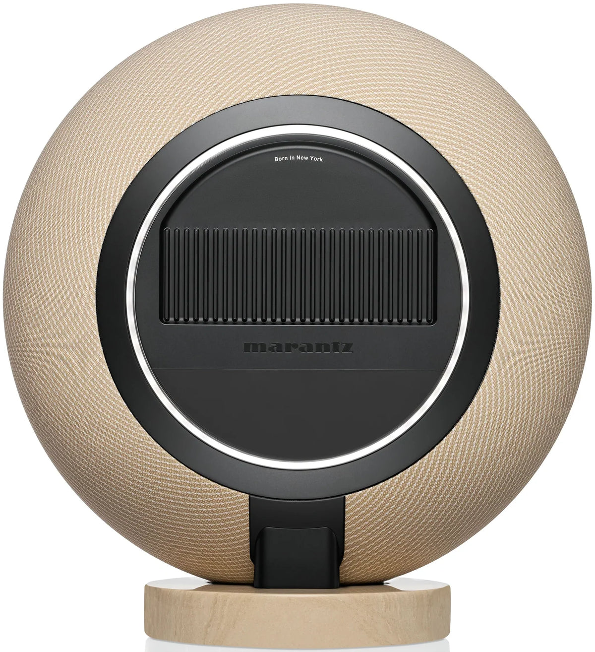 Marantz Horizon Grand wireless speaker in champagne finish, shown from the rear with detailed speaker grille and port openings.