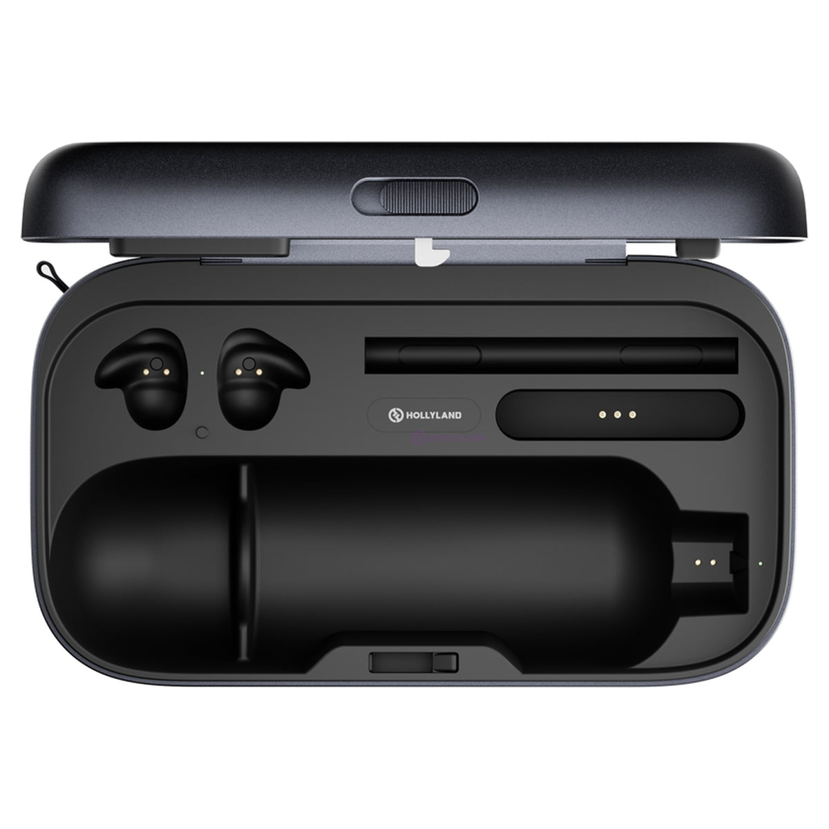 Hollyland MELO P1 charging case with microphone and earphones