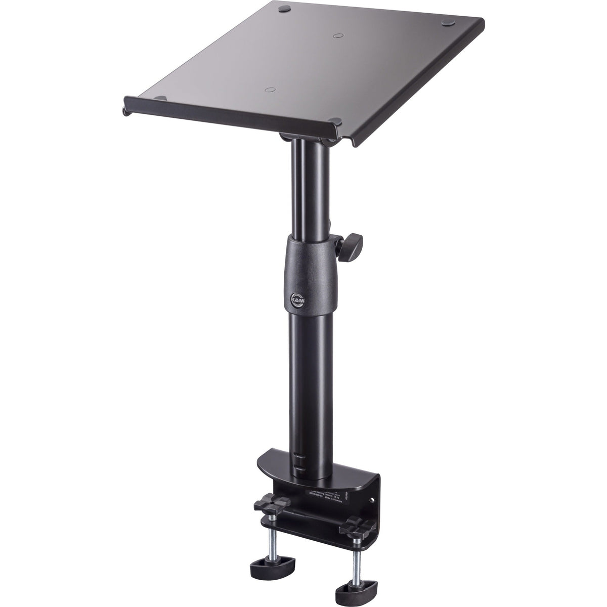 K&M 26778 studio monitor stands supporting speakers with adjustable height and sturdy metal construction.