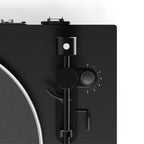 Kanto Audio OBI3 Gen 2 turntable, Black, top view, tonearm and speed controls