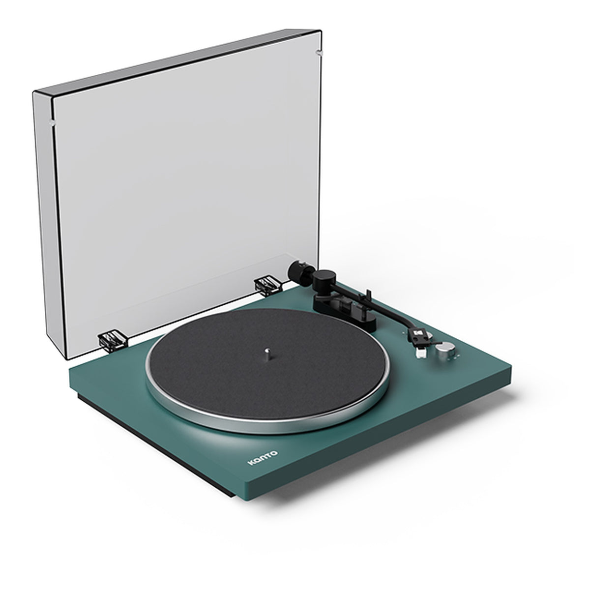 Kanto Audio OBI3 Gen 2 turntable, Green, angled view with dustcover open