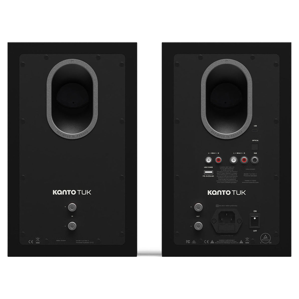 Kanto Audio TUK G2 in Matte Black, rear view with RCA, USB-C, optical inputs and subwoofer output