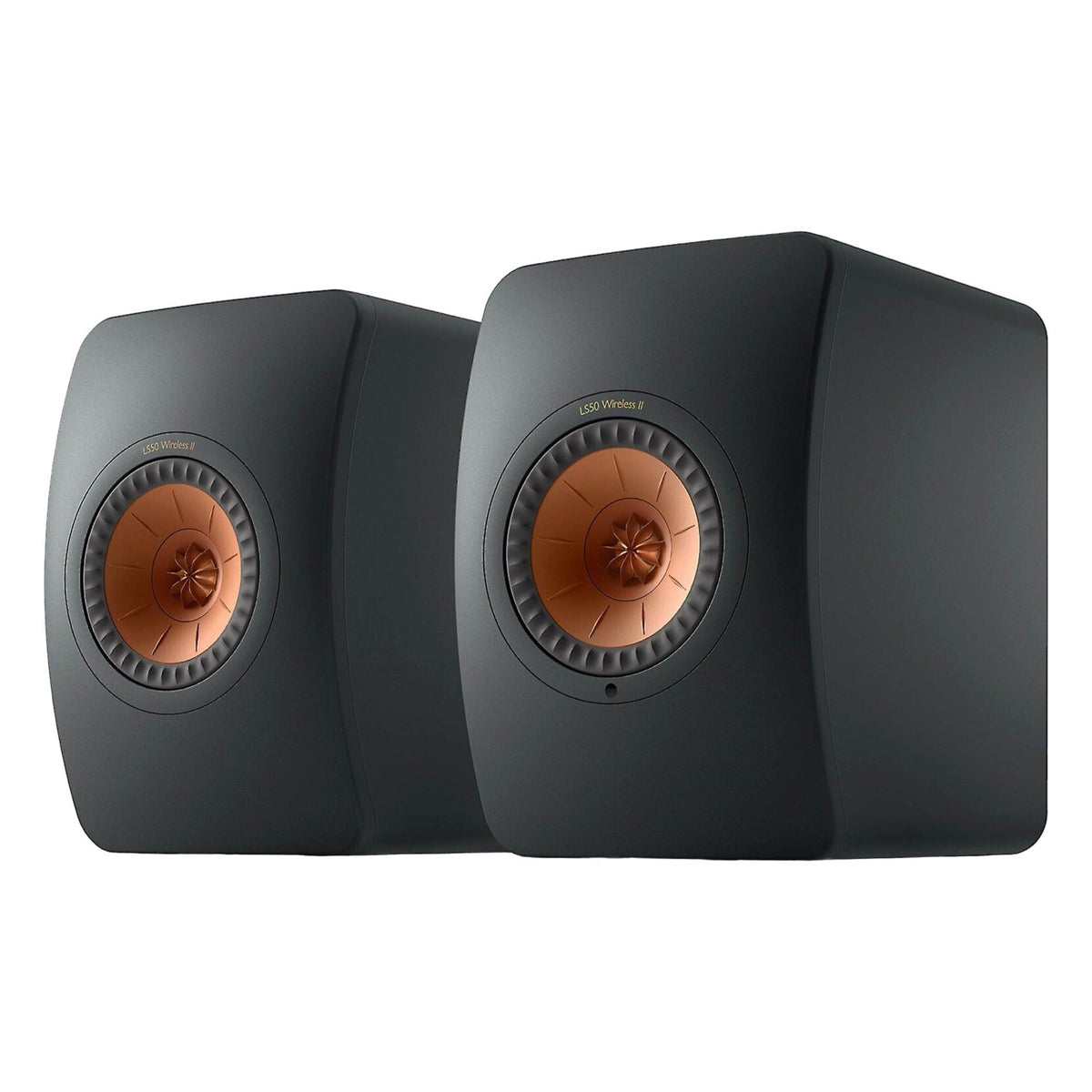 KEF LS50 Wireless II wireless speakers with sleek black cabinets and advanced audio drivers, designed for high-quality sound.