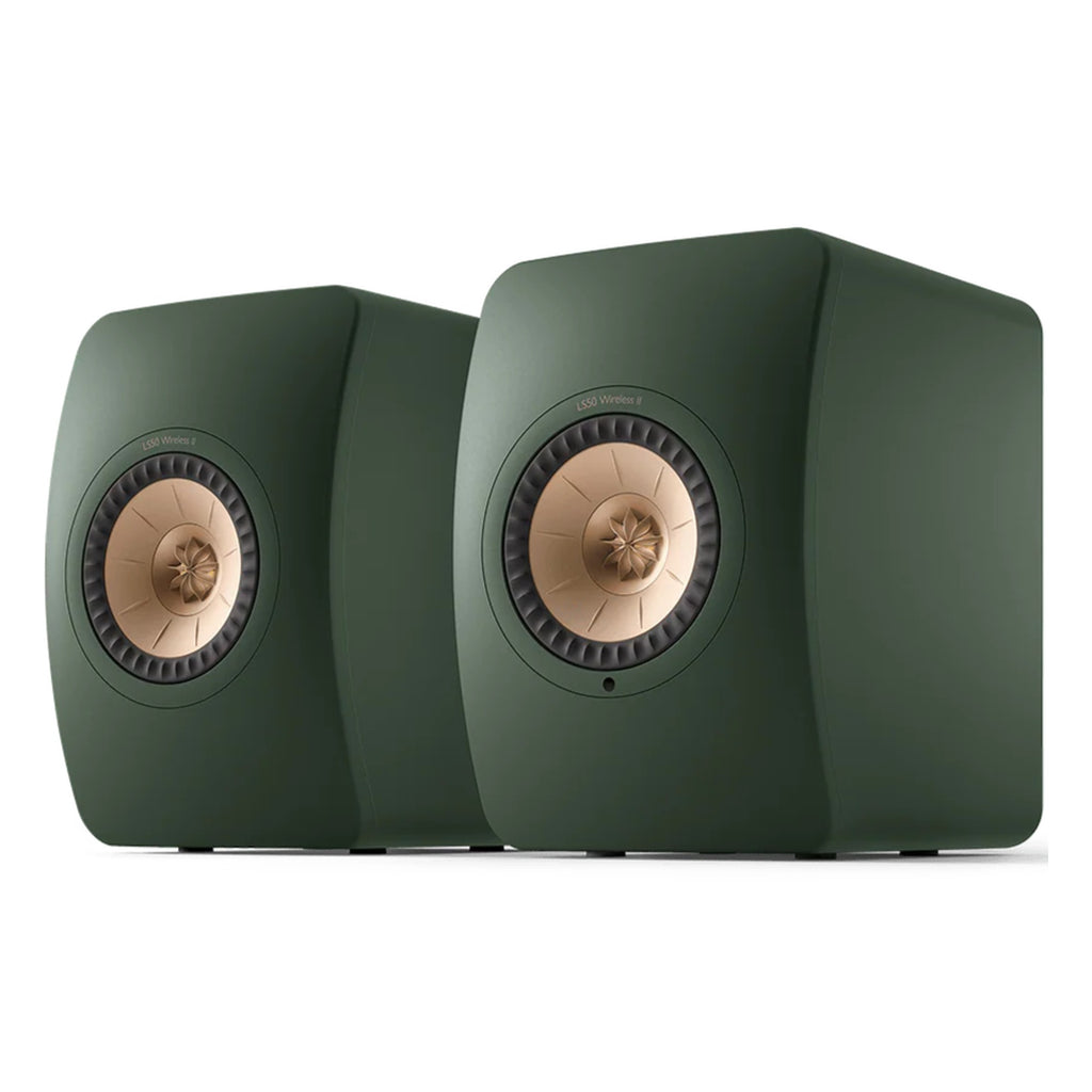 KEF LS50 Wireless II wireless bookshelf speakers with sleek black finish and modern design, featuring front grille and control panel.